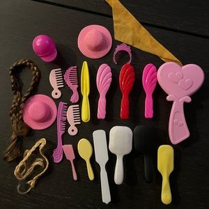 Lot Bundle of Doll Brushes and Combs Braids Hats Helmet Crown and Yellow Bandana